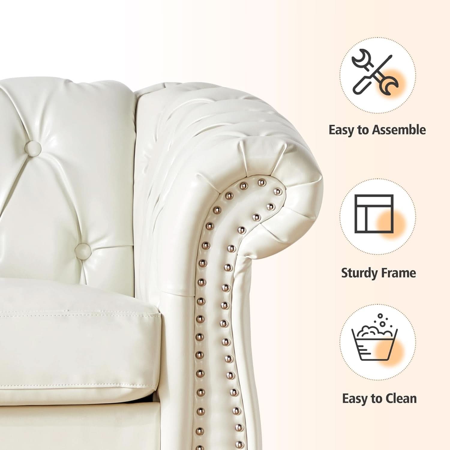 2 Piece Chesterfield Faux Leather Living Room Set Loveseat And Chair With Scroll Arms And Nailhead White