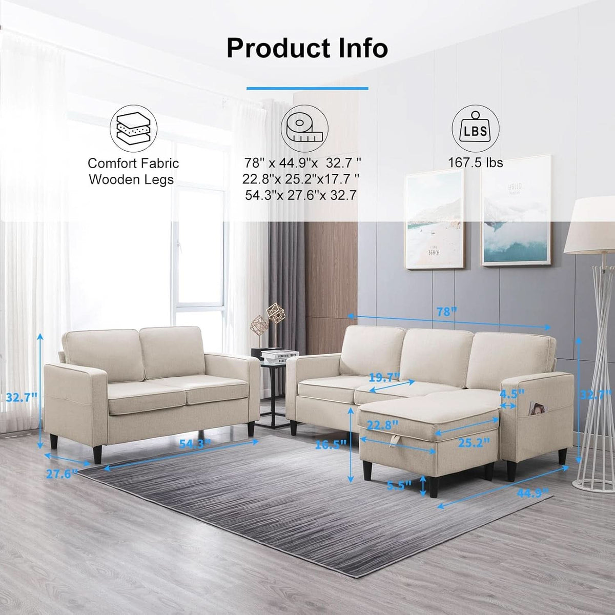 2 Piece L Shape Sectional Sofa Set With Chaise 78 Inch Wide 3 Seater Convertible Living Room Couch