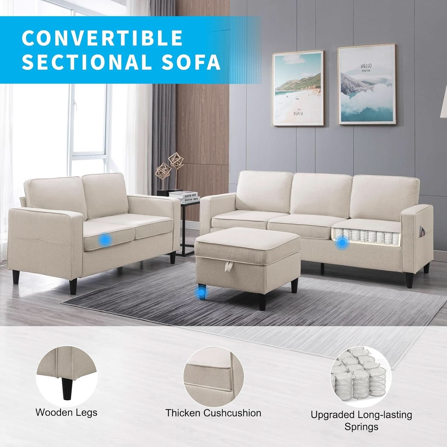 2 Piece L Shape Sectional Sofa Set With Chaise 78 Inch Wide 3 Seater Convertible Living Room Couch