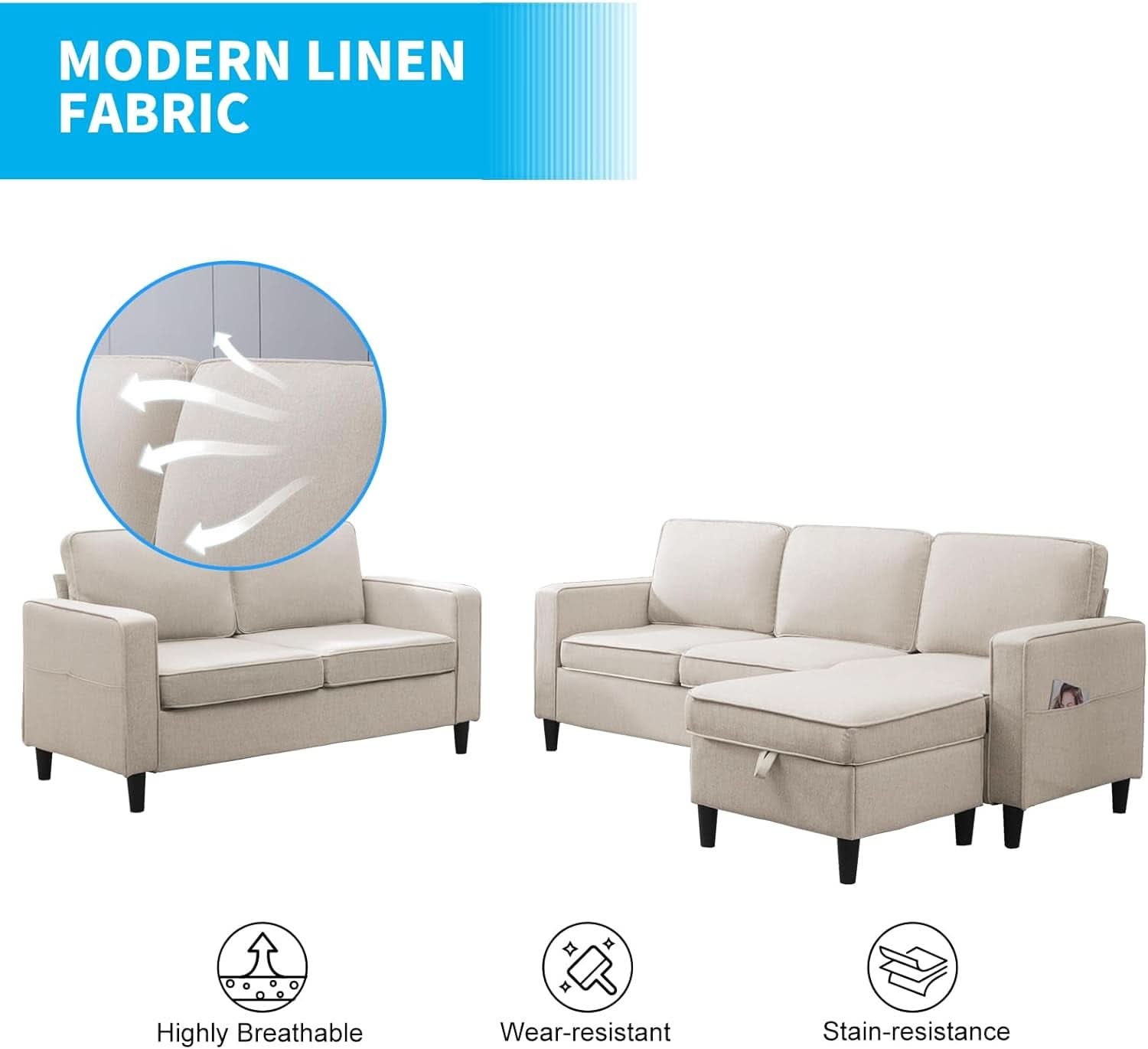 2 Piece L Shape Sectional Sofa Set With Chaise 78 Inch Wide 3 Seater Convertible Living Room Couch