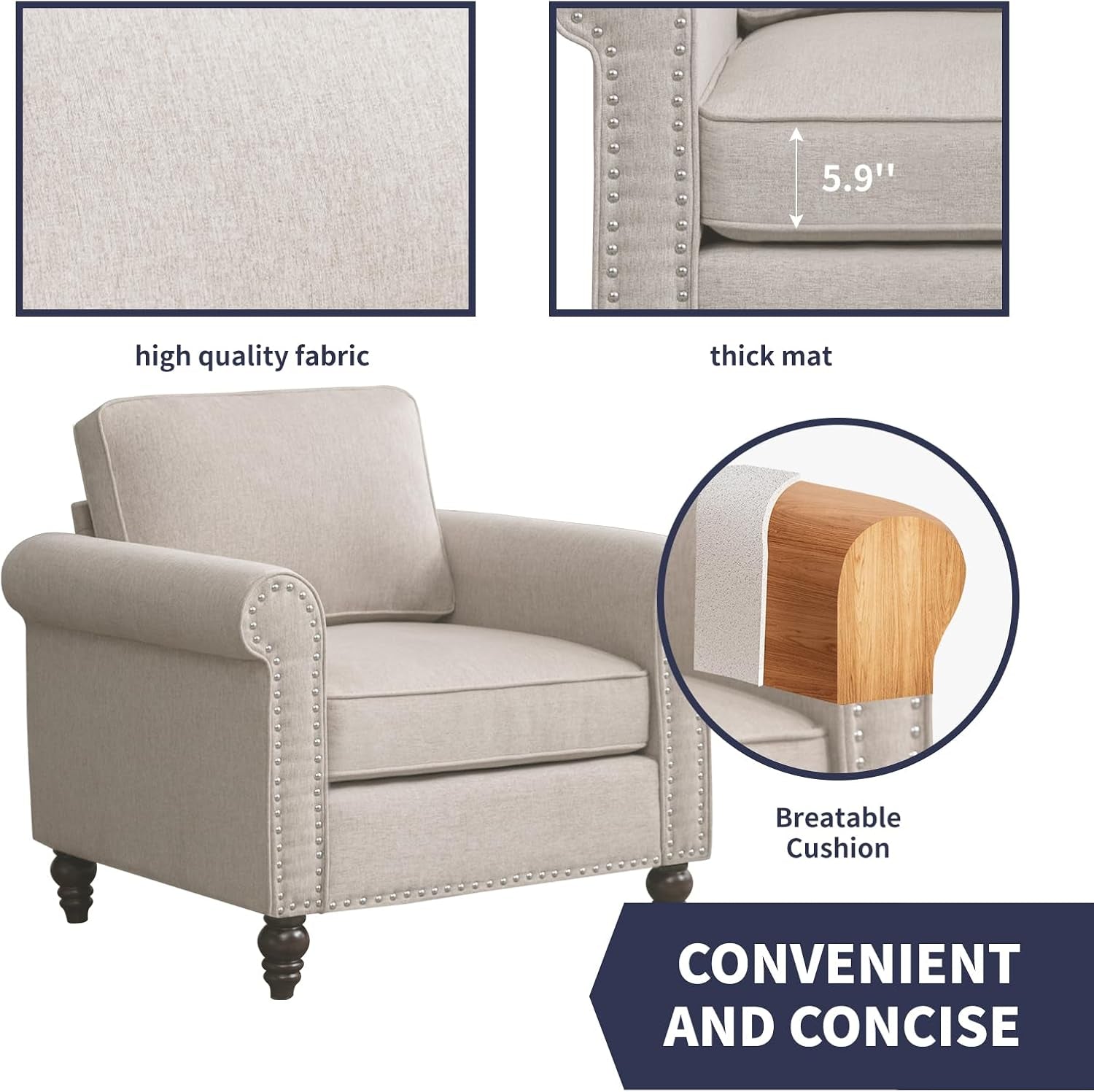 2 Piece Living Room Sofa Set With Solid Wood Frame 3 Seat Sofa And Armchair Beige