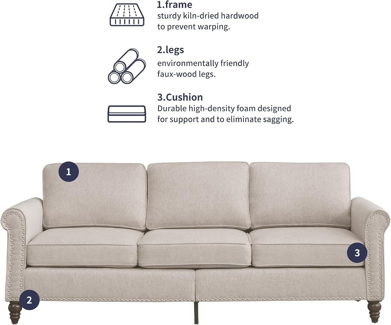2 Piece Living Room Sofa Set With Solid Wood Frame 3 Seat Sofa And Armchair Beige