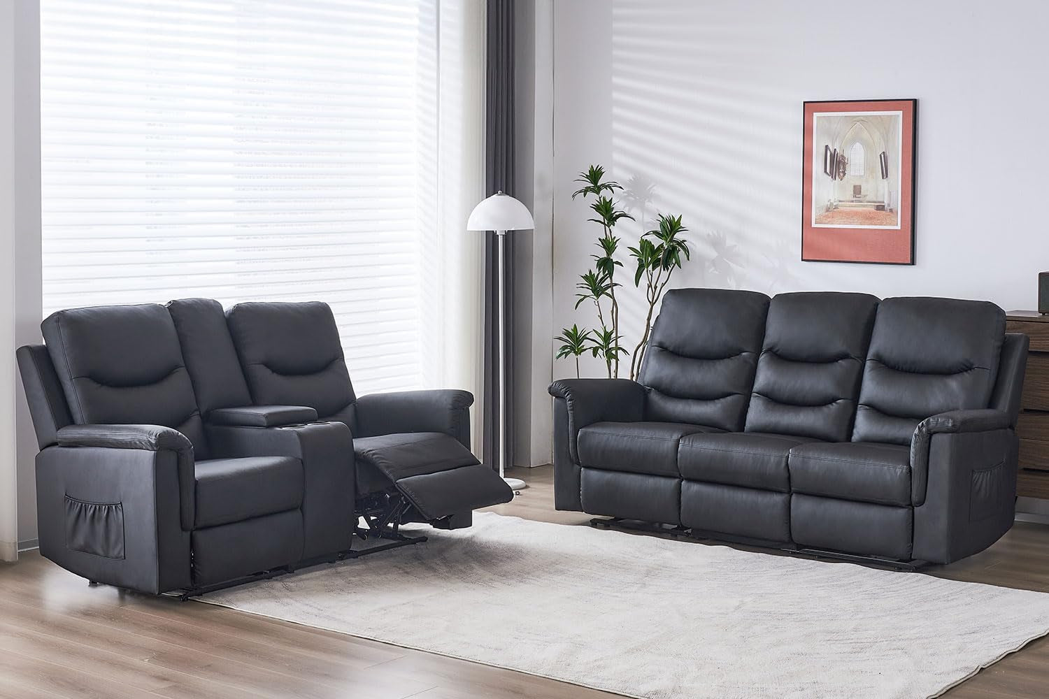 2 Piece Manual Recliner Sofa And Loveseat Set With Console And Cup Holders For Living Room