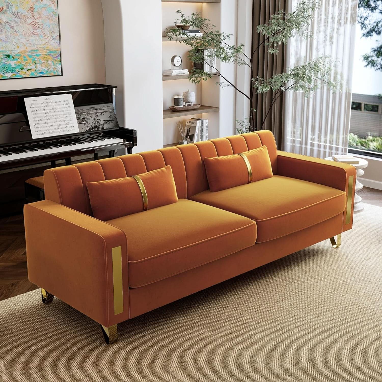 2 Piece Orange Velvet Loveseat Couch Set With Gold Metal Legs 86 Inch Living Room Sofa With 4 Pillows