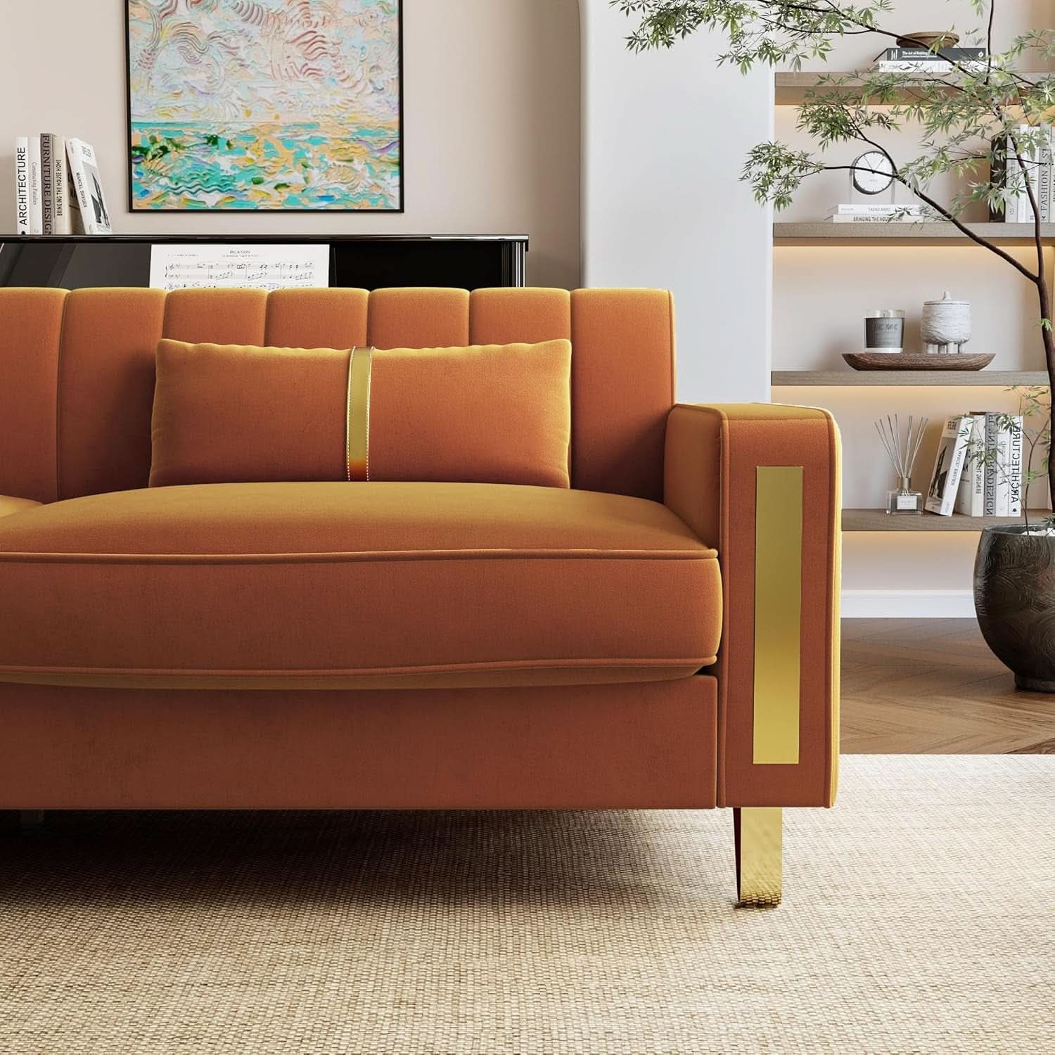 2 Piece Orange Velvet Loveseat Couch Set With Gold Metal Legs 86 Inch Living Room Sofa With 4 Pillows