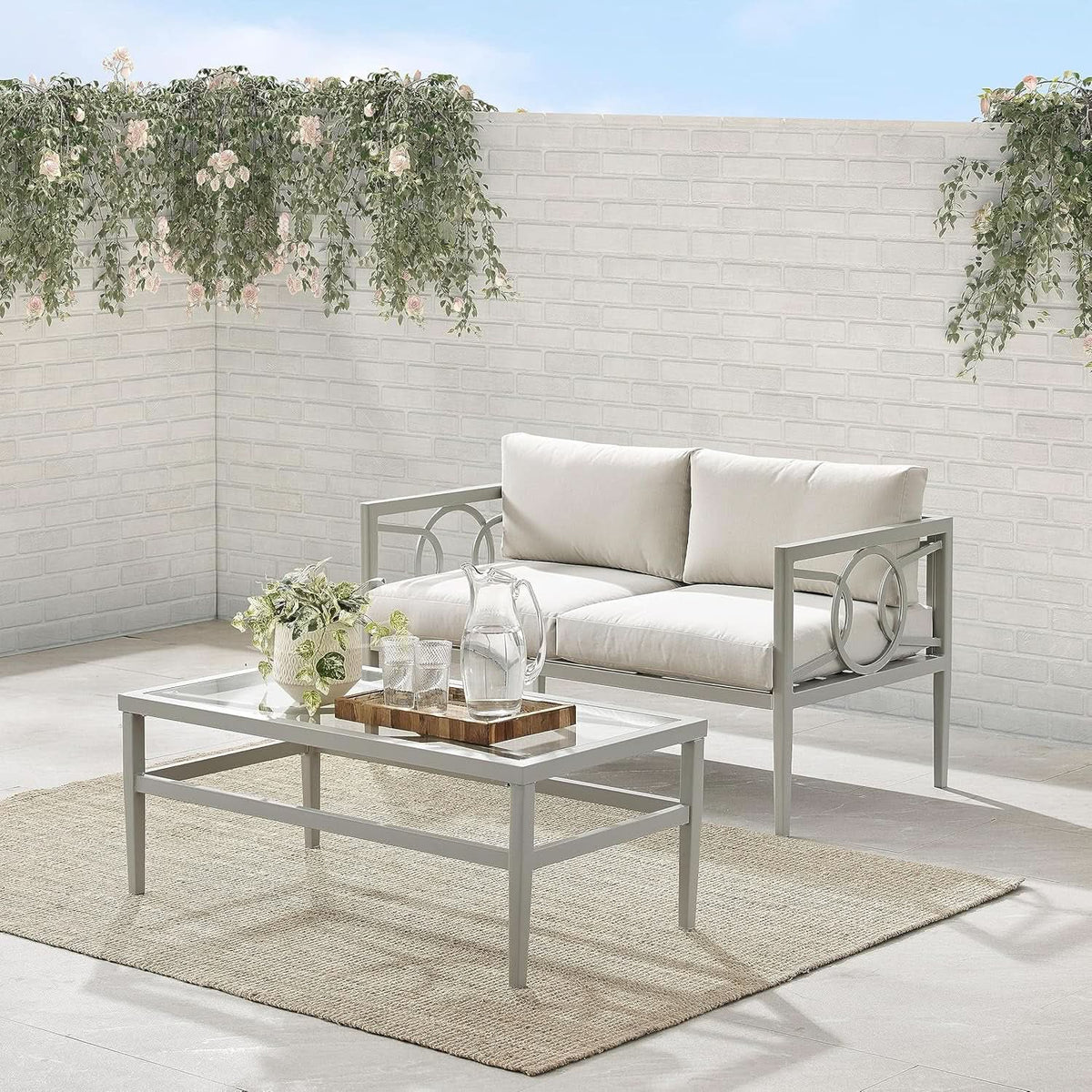 2 Piece Outdoor Coffee Table And Loveseat Set Gray Frame Creme Cushions