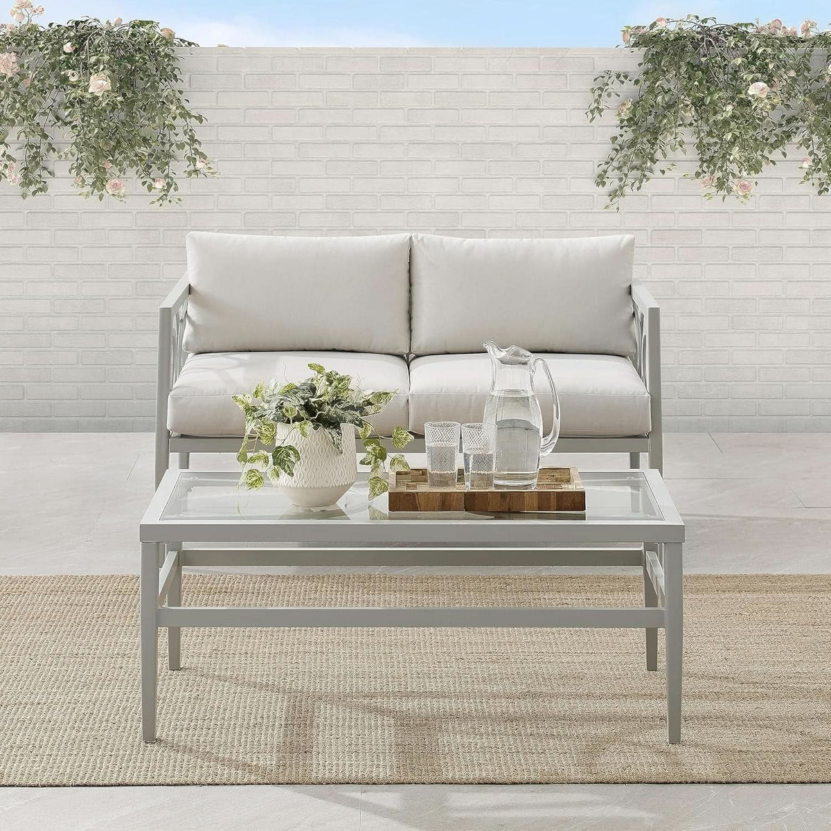 2 Piece Outdoor Coffee Table And Loveseat Set Gray Frame Creme Cushions