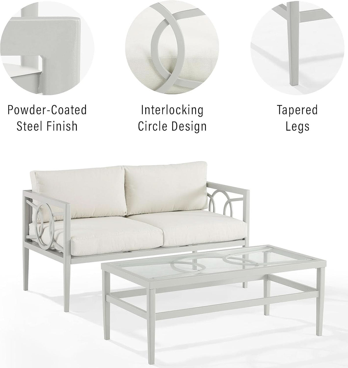 2 Piece Outdoor Coffee Table And Loveseat Set Gray Frame Creme Cushions