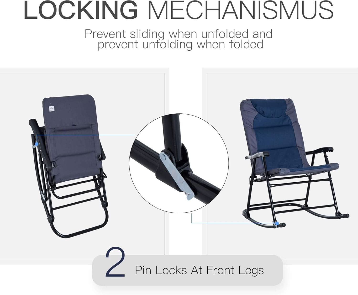 2 Piece Outdoor Patio Furniture Set With Folding Padded Rocking Chairs Navy Blue For Porch Balcony And Camping
