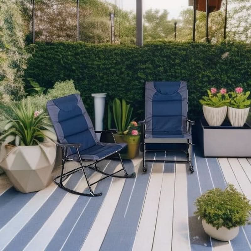 2 Piece Outdoor Patio Furniture Set With Folding Padded Rocking Chairs Navy Blue For Porch Balcony And Camping