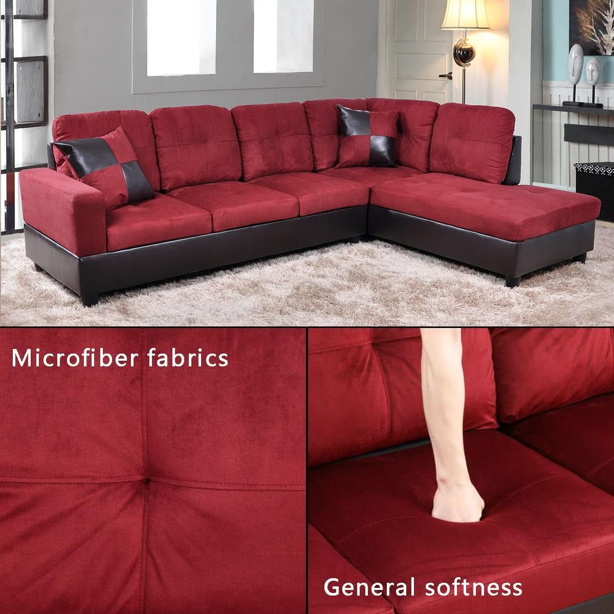 2 Piece Sectional Sofa Set L Shape Microfiber With Chaise Red Right Hand Facing Living Room