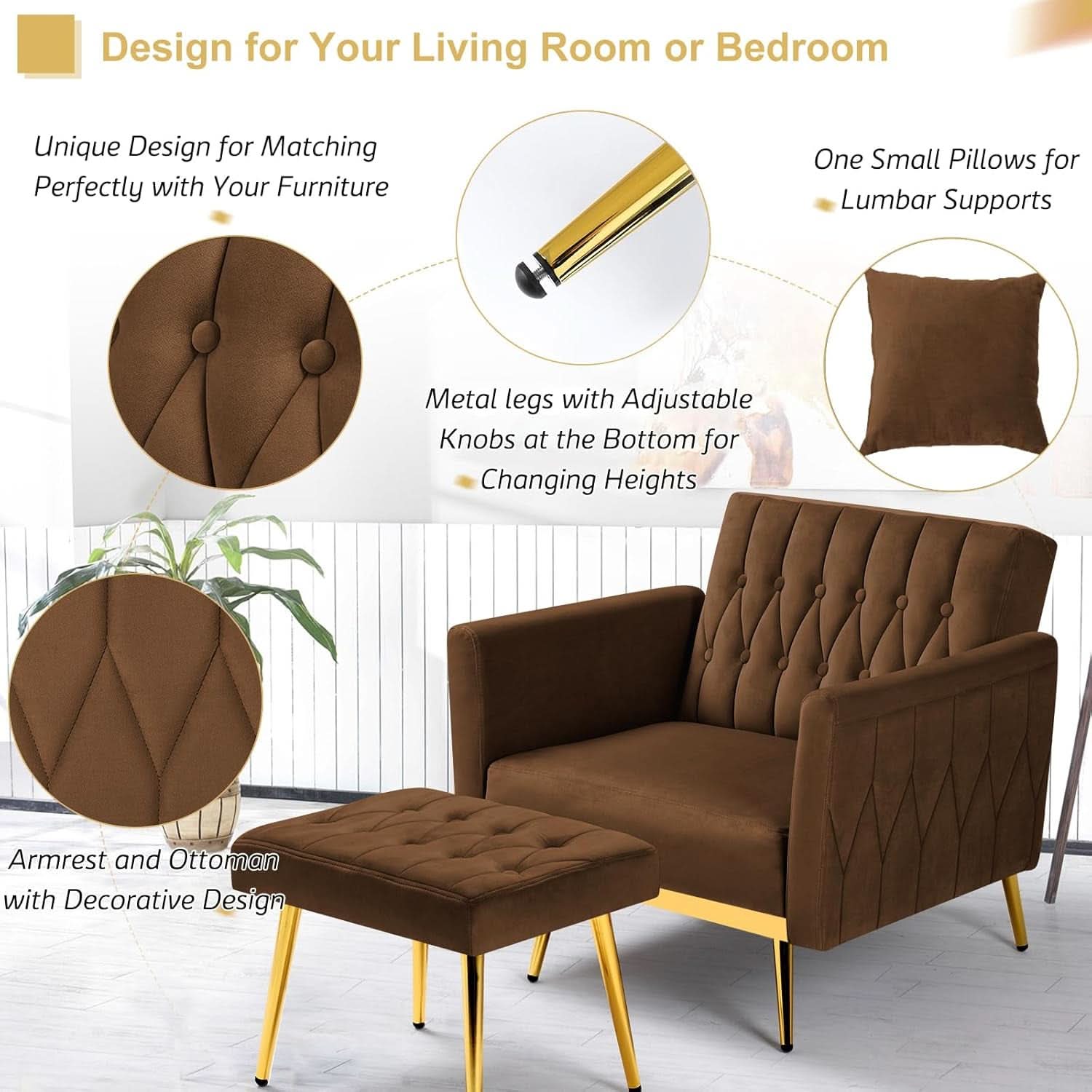 2 Piece Velvet Sofa Set With Adjustable Armrests, 70 Inch Convertible Futon Sofa Bed, Brown