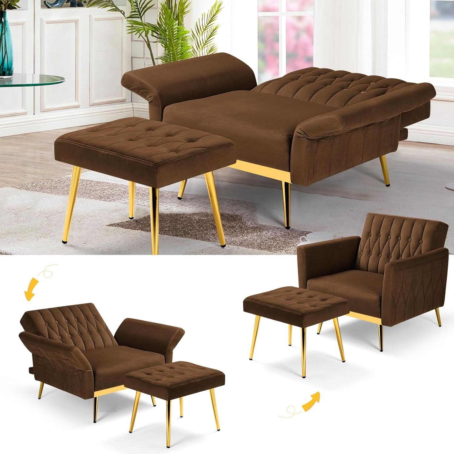 2 Piece Velvet Sofa Set With Adjustable Armrests, 70 Inch Convertible Futon Sofa Bed, Brown