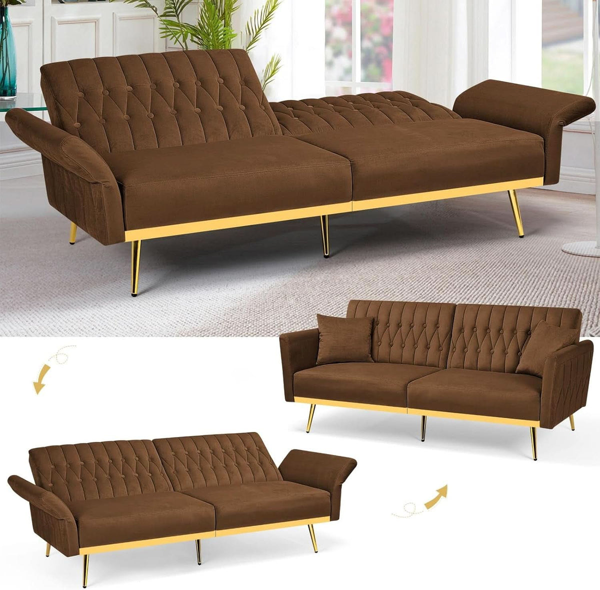2 Piece Velvet Sofa Set With Adjustable Armrests, 70 Inch Convertible Futon Sofa Bed, Brown