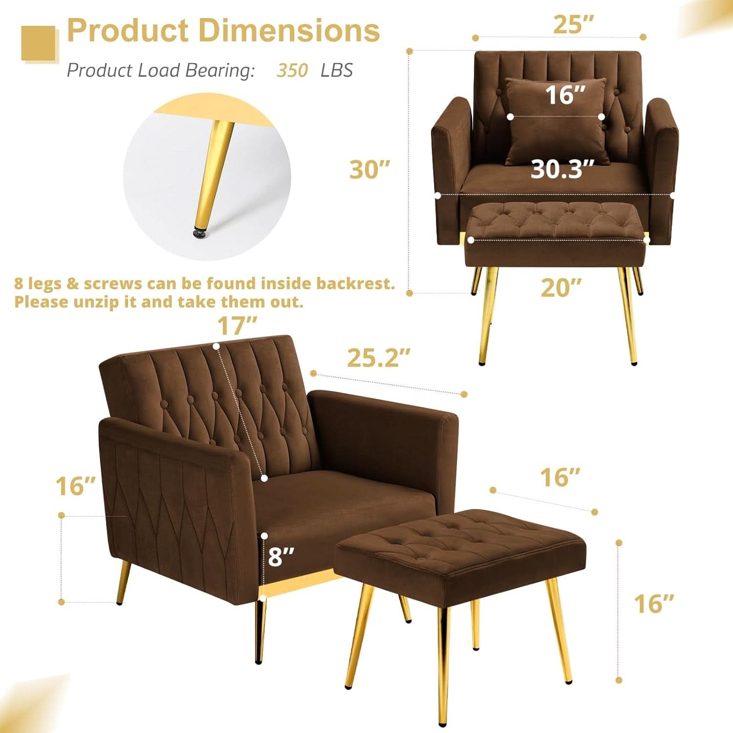 2 Piece Velvet Sofa Set With Adjustable Armrests, 70 Inch Convertible Futon Sofa Bed, Brown