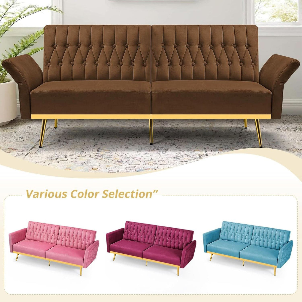 2 Piece Velvet Sofa Set With Adjustable Armrests, 70 Inch Convertible Futon Sofa Bed, Brown
