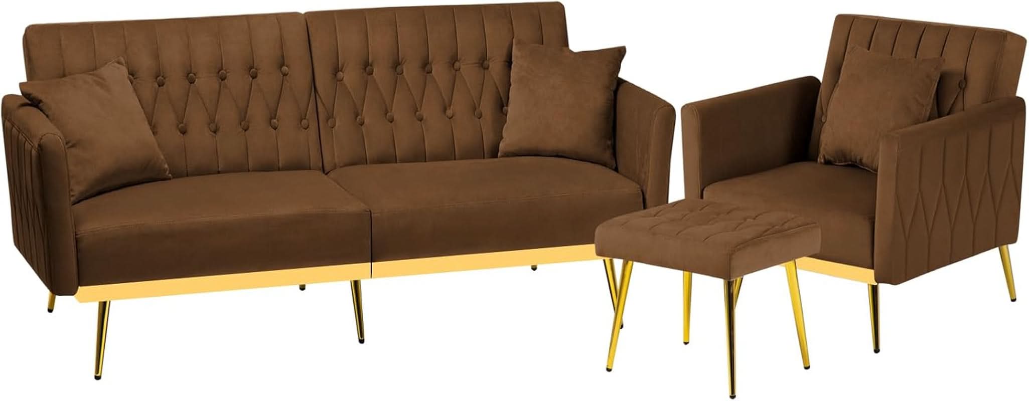2 Piece Velvet Sofa Set With Adjustable Armrests, 70 Inch Convertible Futon Sofa Bed, Brown