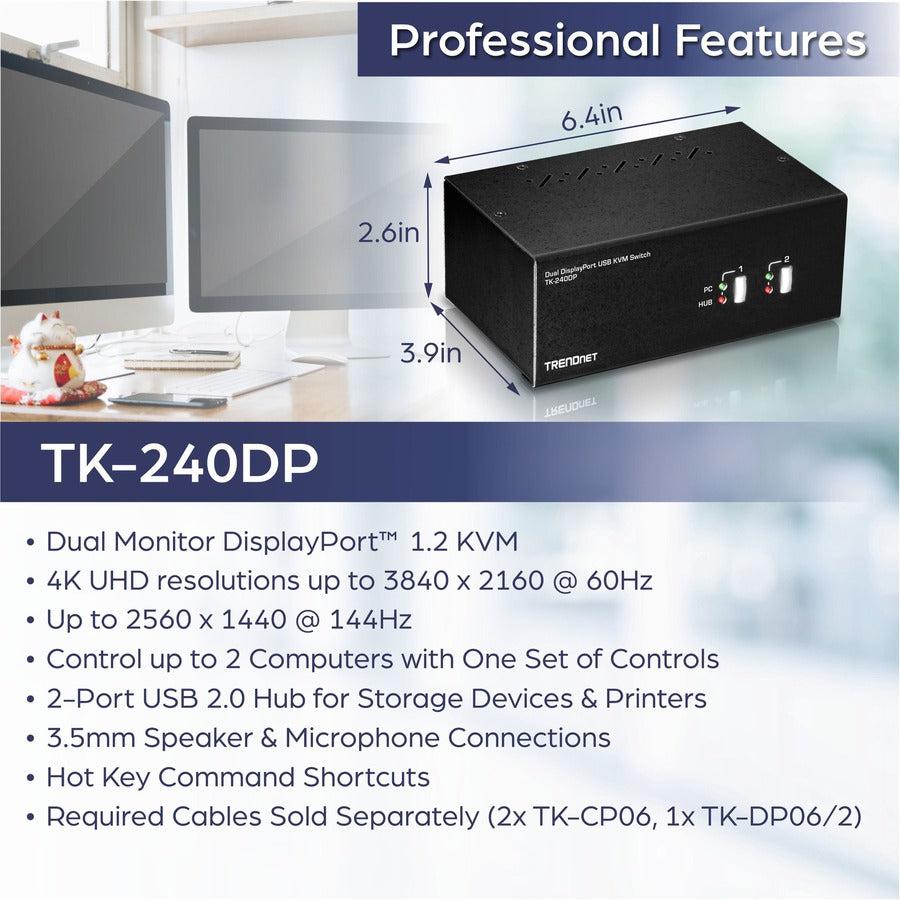 2 Port Dual Monitor KVM Switch - 4K DisplayPort USB Hub | TRENDnet TK-240DP