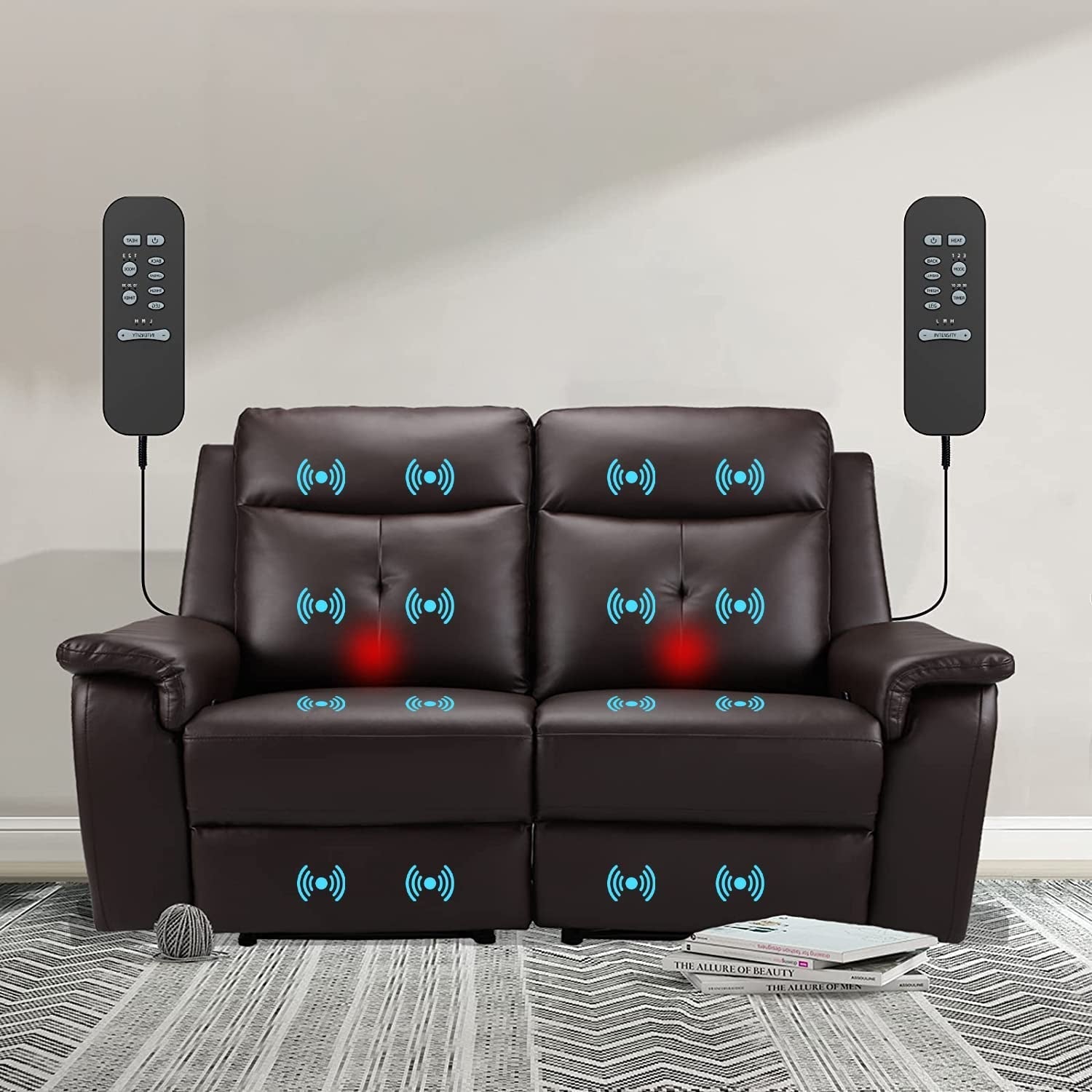 2 Seater Recliner Sofa With Massage And Heating In PU Leather For Living Room Home Theater