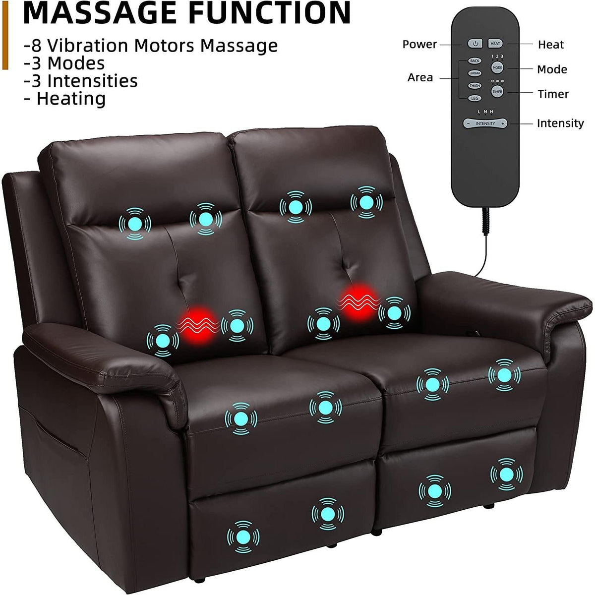 2 Seater Recliner Sofa With Massage And Heating In PU Leather For Living Room Home Theater