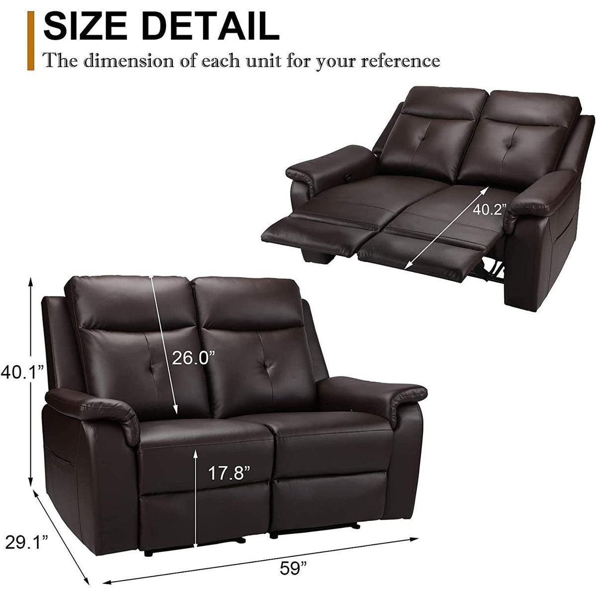 2 Seater Recliner Sofa With Massage And Heating In PU Leather For Living Room Home Theater