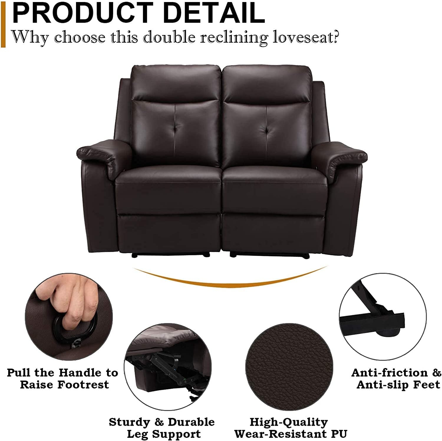2 Seater Recliner Sofa With Massage And Heating In PU Leather For Living Room Home Theater