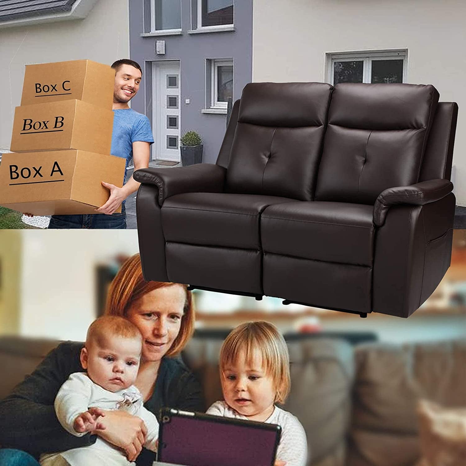 2 Seater Recliner Sofa With Massage And Heating In PU Leather For Living Room Home Theater