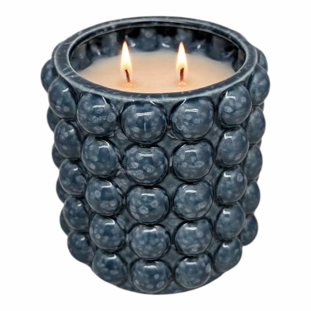 2 Wick Driftwood Scented Candle in Blue Ceramic Jar