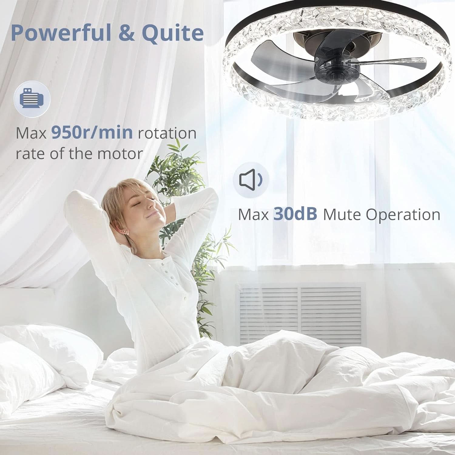 20 Inch Black Ceiling Fan With Lights And Remote, Dimmable, Flush Mount, Stepless Color Temperature, 6 Speeds