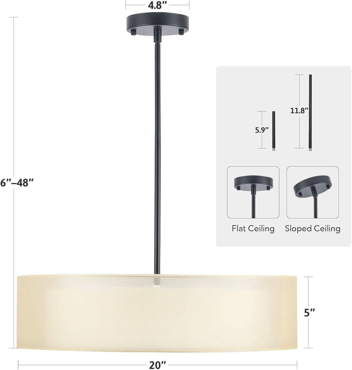 20 Inch Black Drum Pendant Light With Fabric Shade Three Light Matte Finish For Living Room