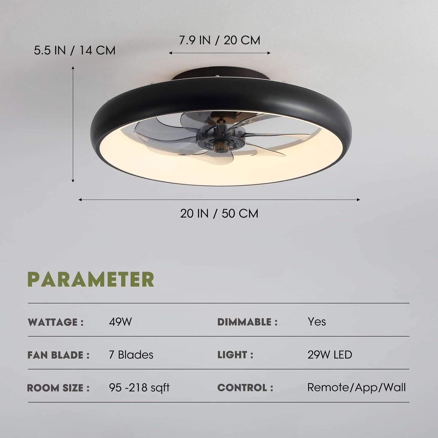 20 Inch Black Flush Mount Ceiling Fan With Dimmable Lights