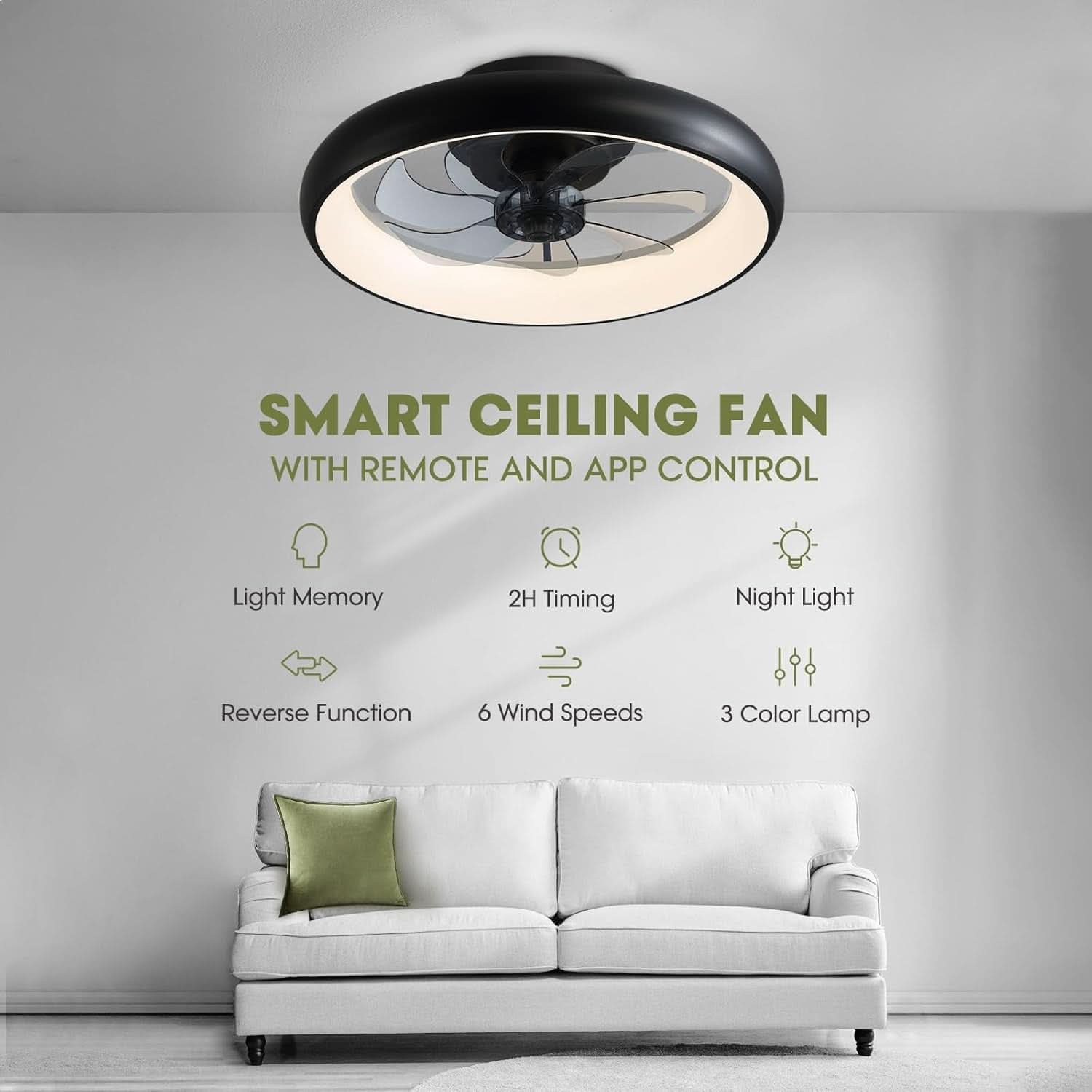 20 Inch Black Flush Mount Smart Ceiling Fan With LED Lights