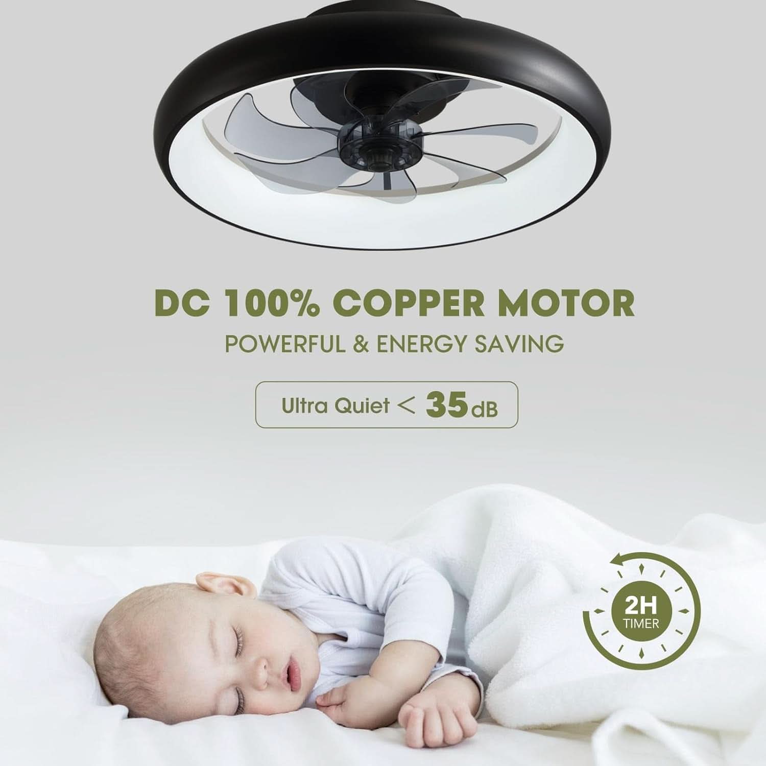 20 Inch Black Flush Mount Smart Ceiling Fan With LED Lights