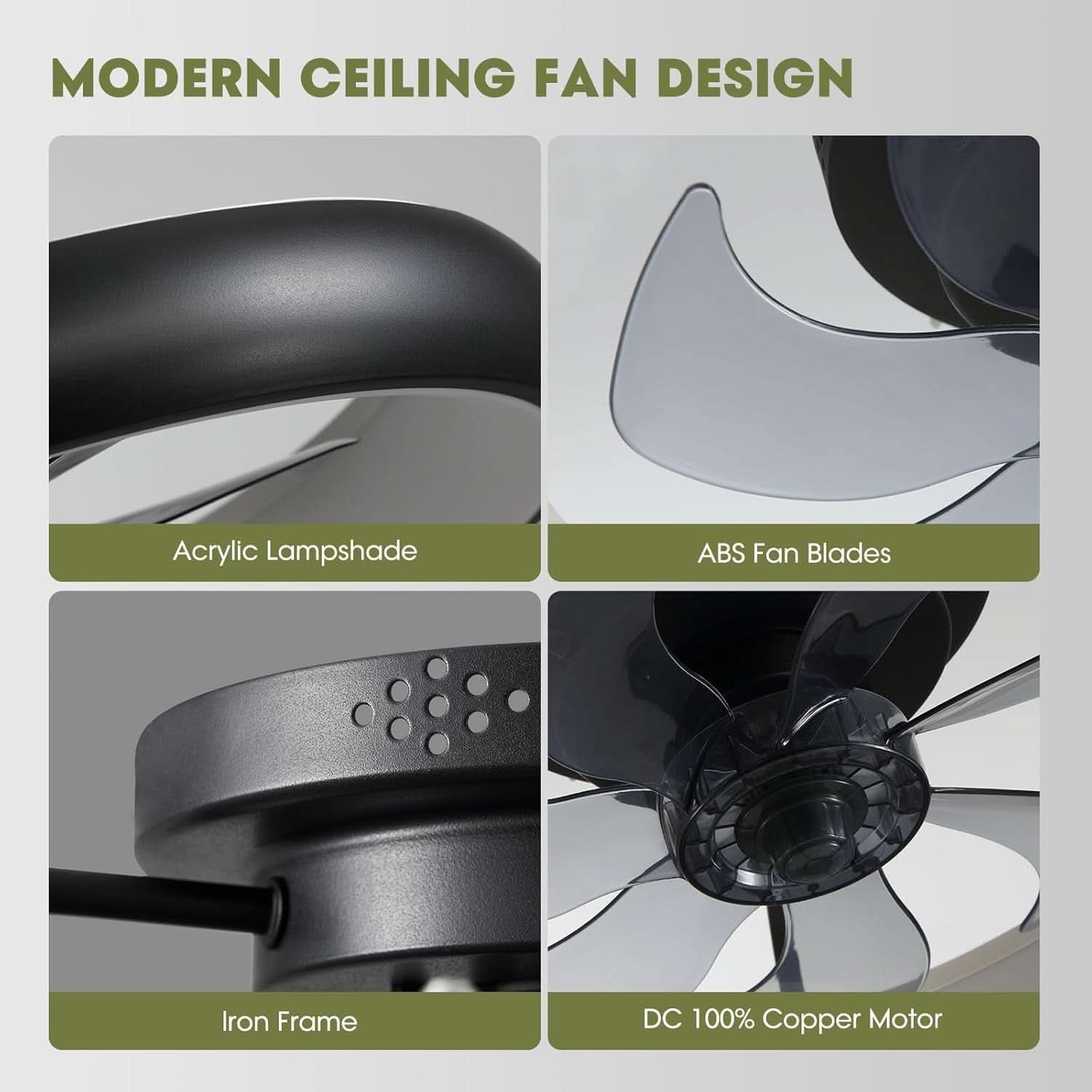 20 Inch Black Flush Mount Smart Ceiling Fan With LED Lights