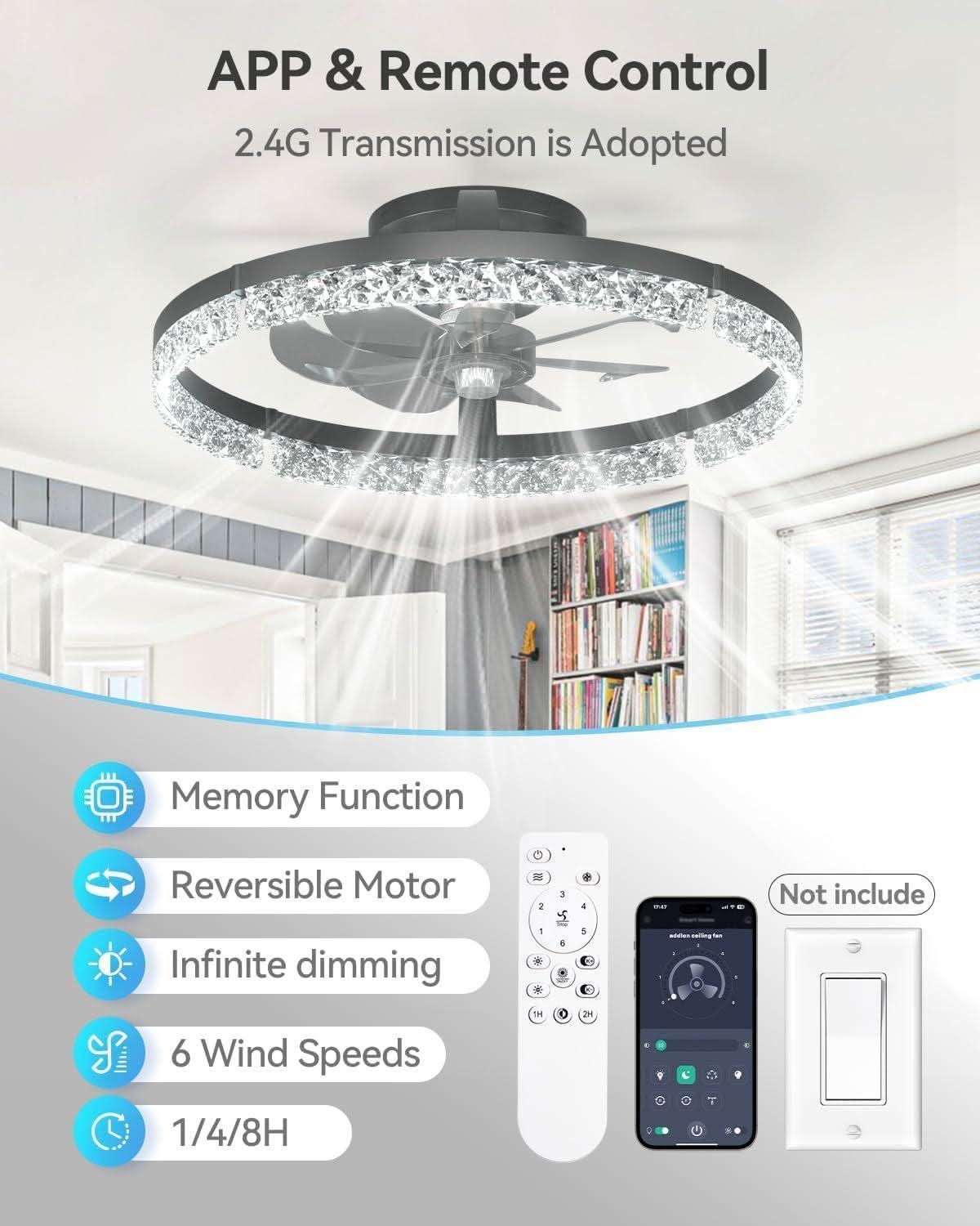 20 Inch Black Low Profile Ceiling Fan With Remote Dimmable