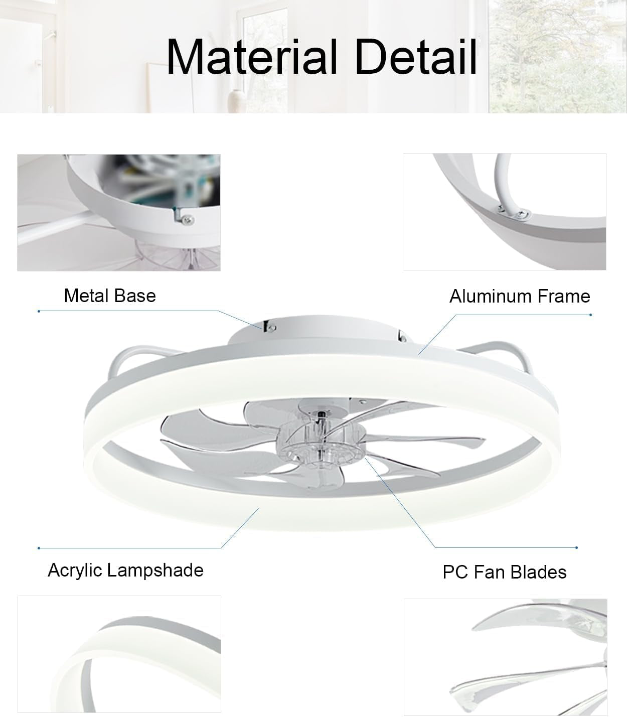 20 Inch Bladeless Ceiling Fan With Lights And Remote