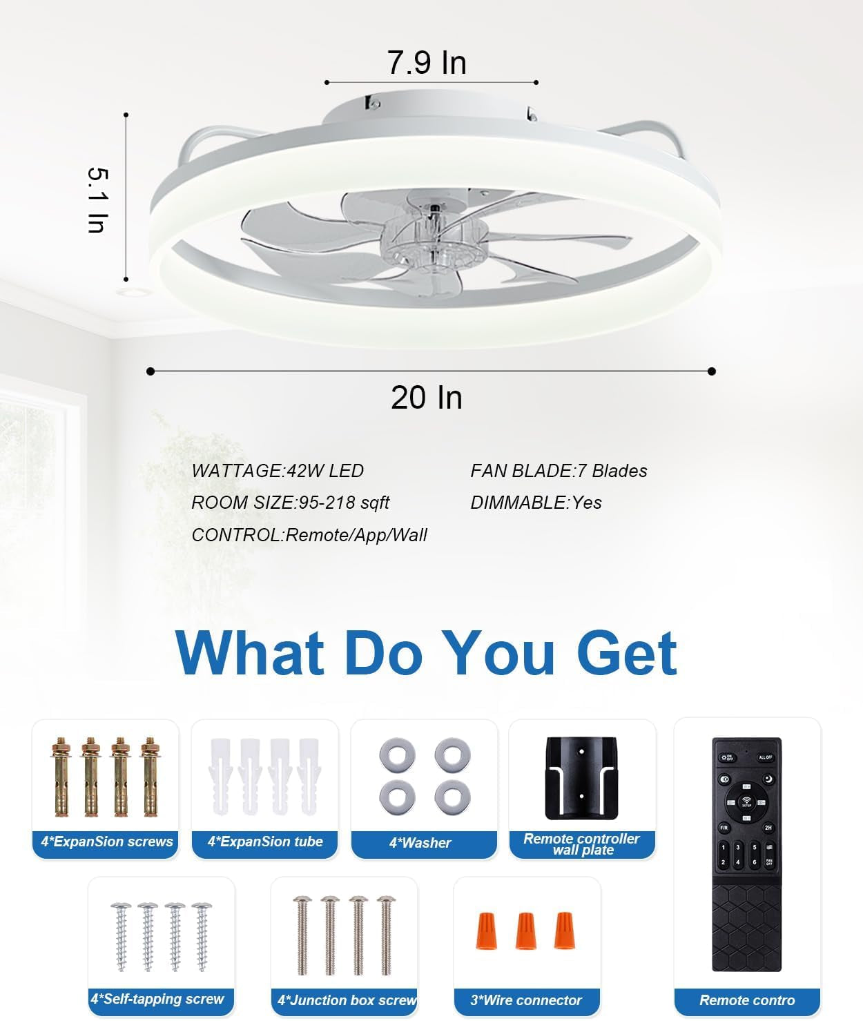 20 Inch Bladeless Ceiling Fan With Lights And Remote
