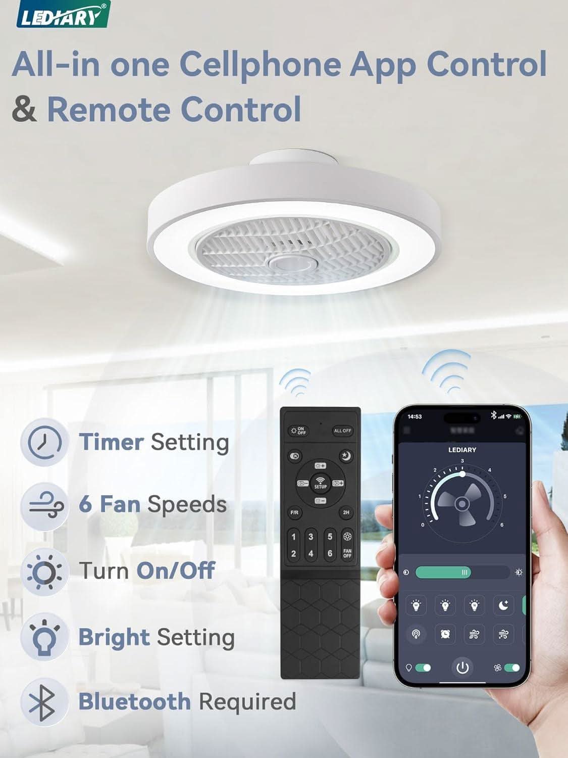 20 Inch Bladeless Ceiling Fan With Remote And Color Temperature Adjustable Ambient Lighting