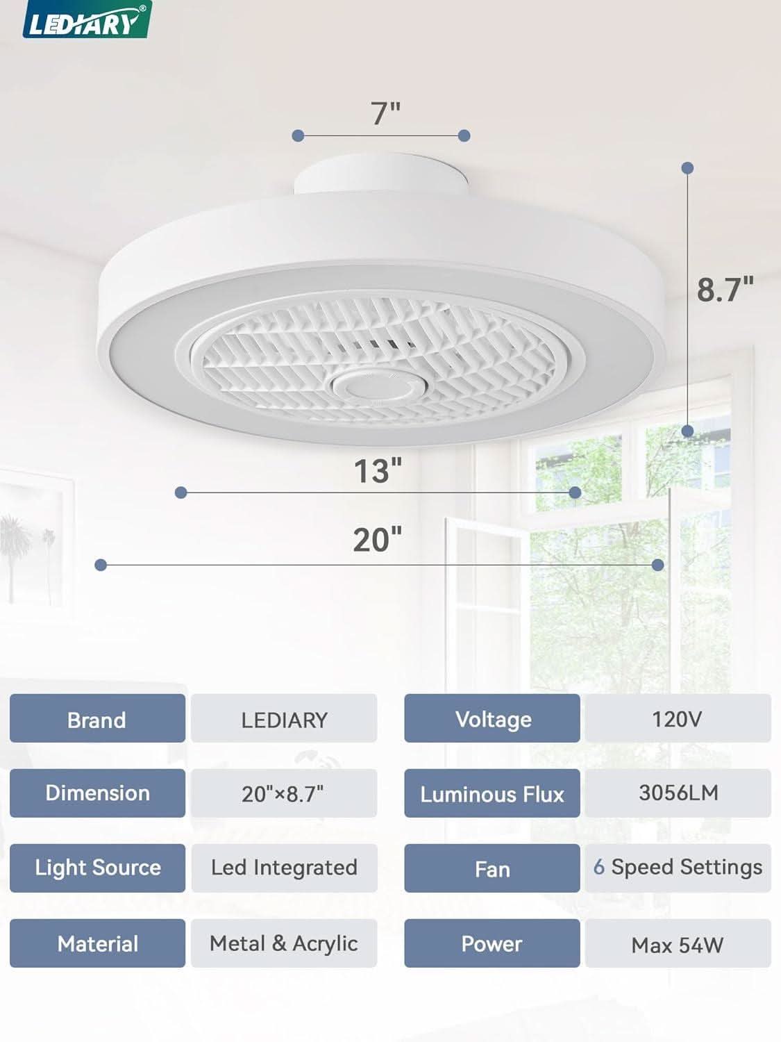 20 Inch Bladeless Ceiling Fan With Remote And Color Temperature Adjustable Ambient Lighting