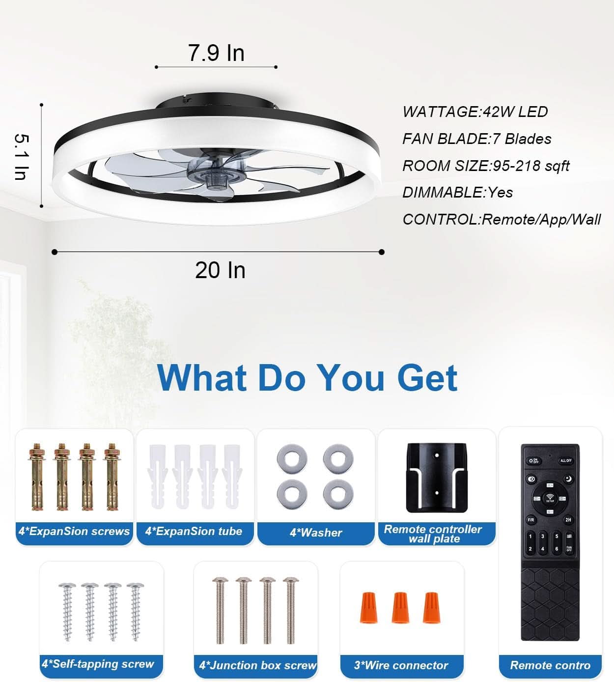 20 Inch Bladeless Ceiling Fan With Remote And Light