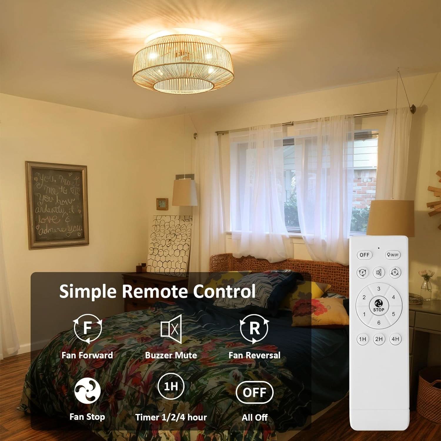 20 Inch Boho Caged Ceiling Fan With Light And Remote Control Flush Mount Six Speeds Rattan Shade