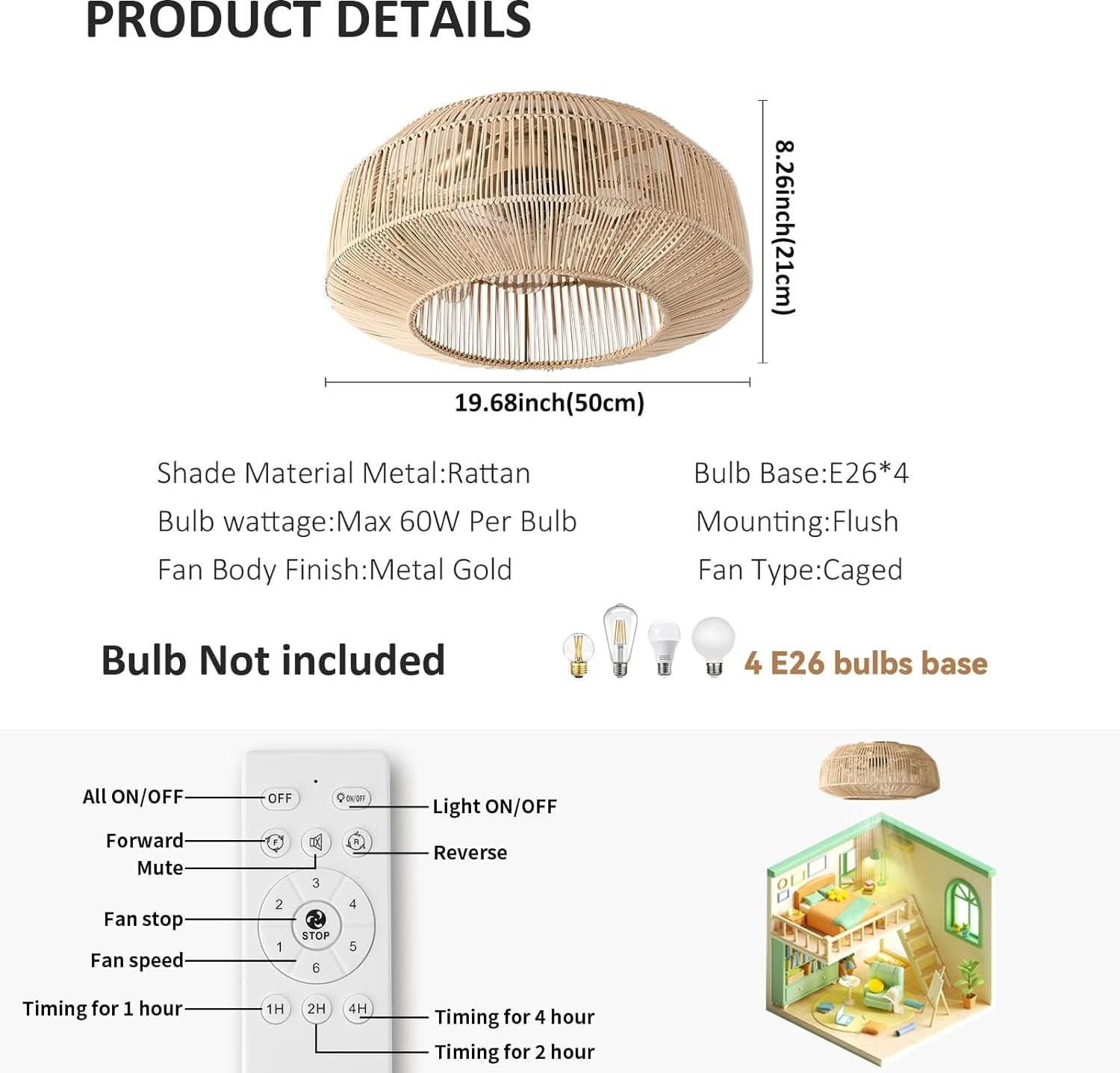 20 Inch Boho Caged Ceiling Fan With Light And Remote Control Flush Mount Six Speeds Rattan Shade