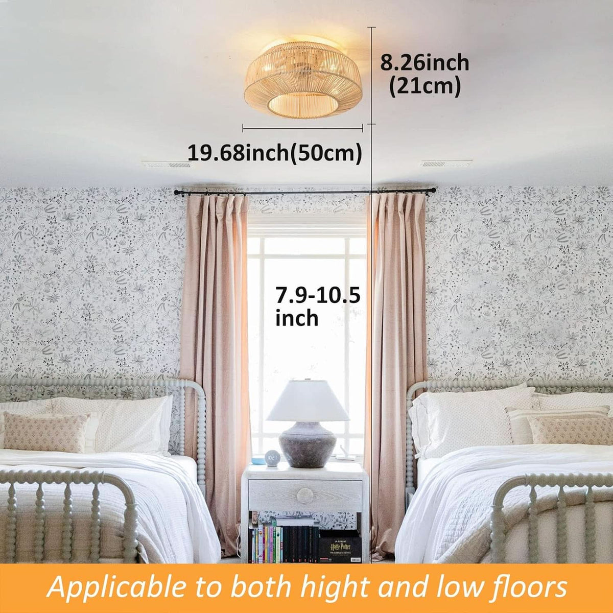 20 Inch Boho Caged Ceiling Fan With Light And Remote Control Flush Mount Six Speeds Rattan Shade