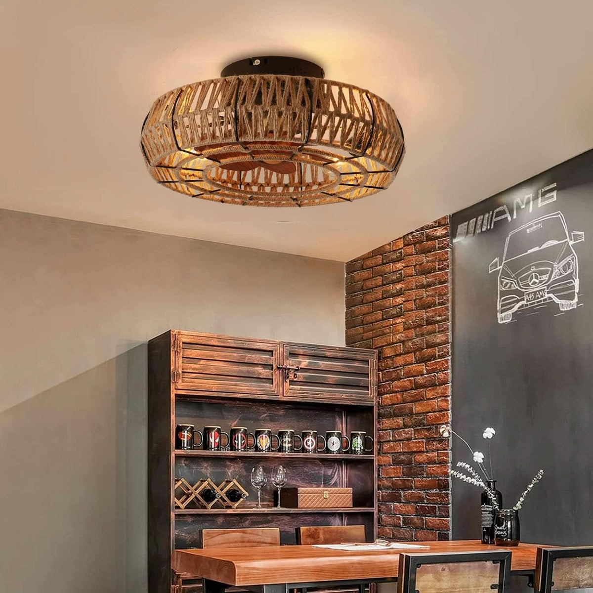 20 Inch Boho Caged Ceiling Fan With Lights And Remote Six Speeds Four Edison Bulbs