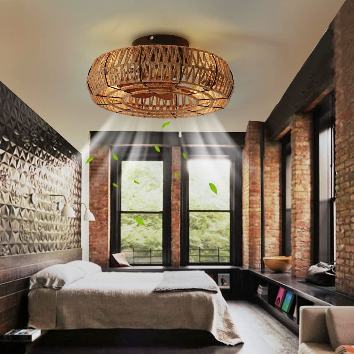 20 Inch Boho Caged Ceiling Fan With Lights And Remote Six Speeds Four Edison Bulbs