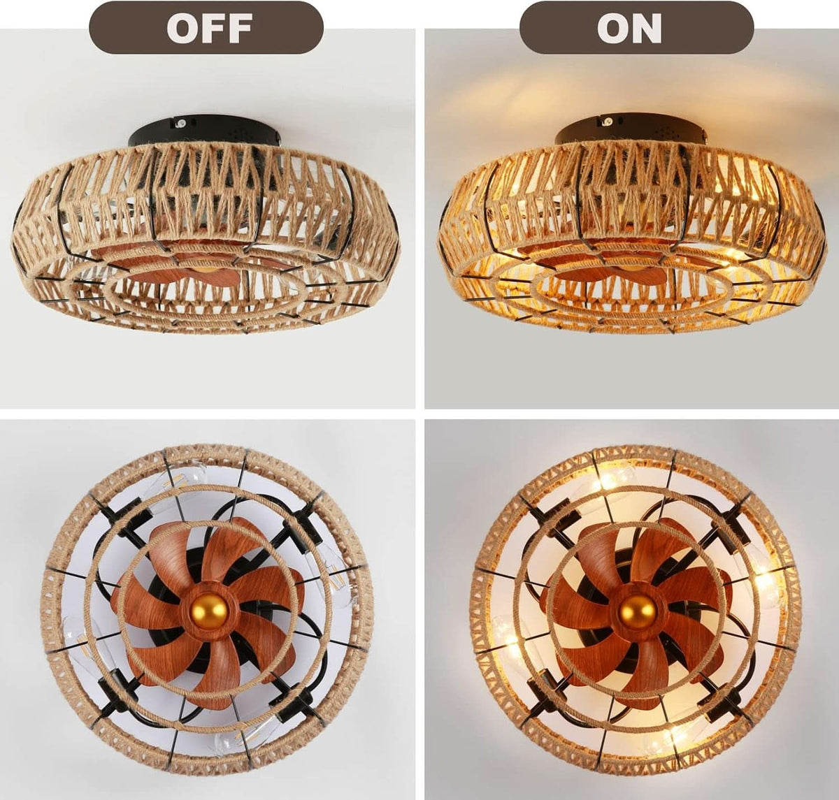 20 Inch Boho Caged Ceiling Fan With Lights And Remote Six Speeds Four Edison Bulbs