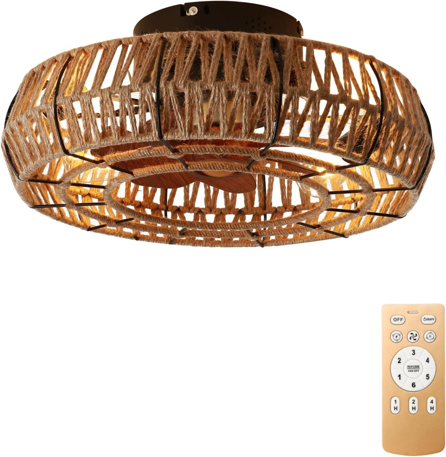 20 Inch Boho Caged Ceiling Fan With Lights And Remote Six Speeds Four Edison Bulbs