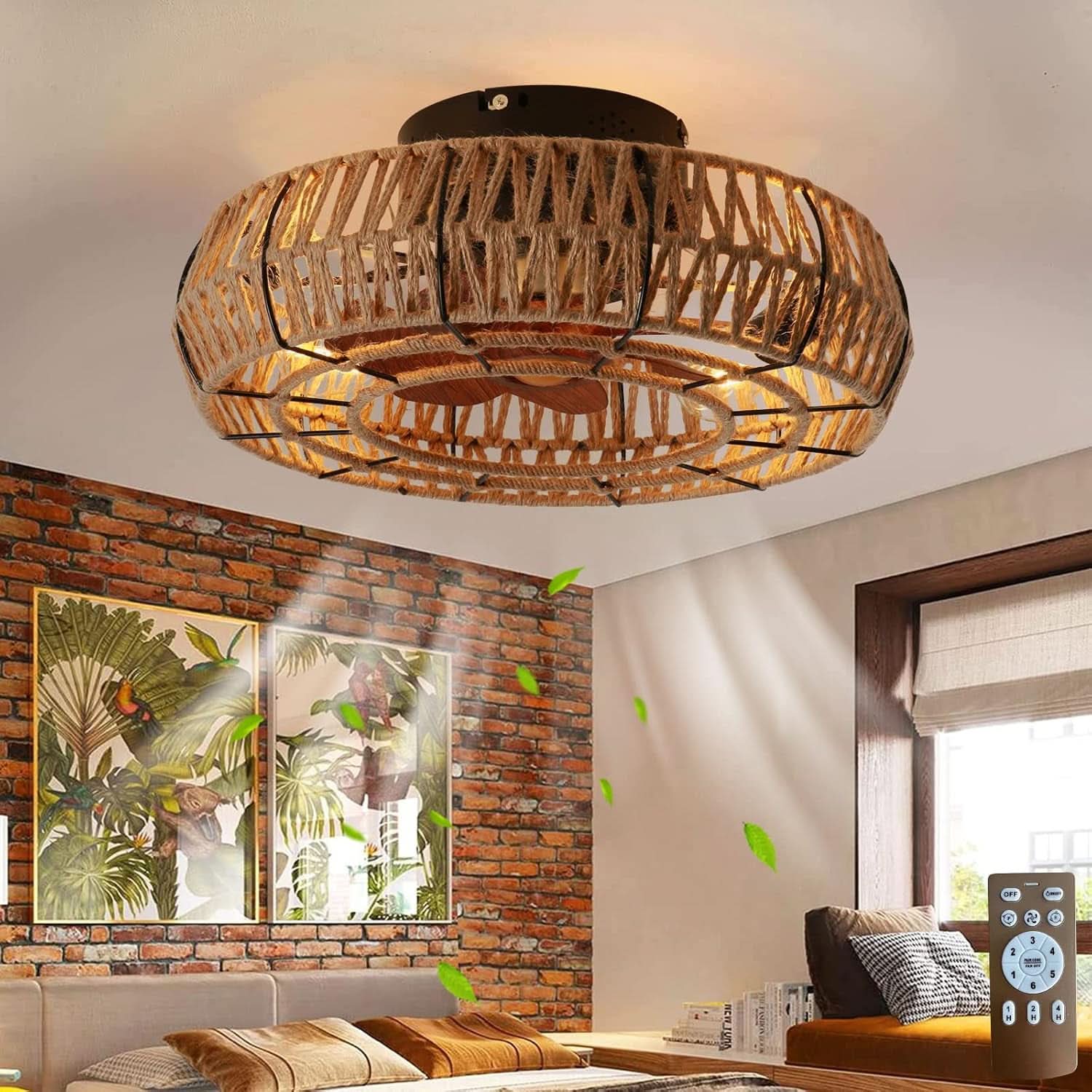 20 Inch Boho Caged Ceiling Fan With Lights And Remote Six Speeds Four Edison Bulbs