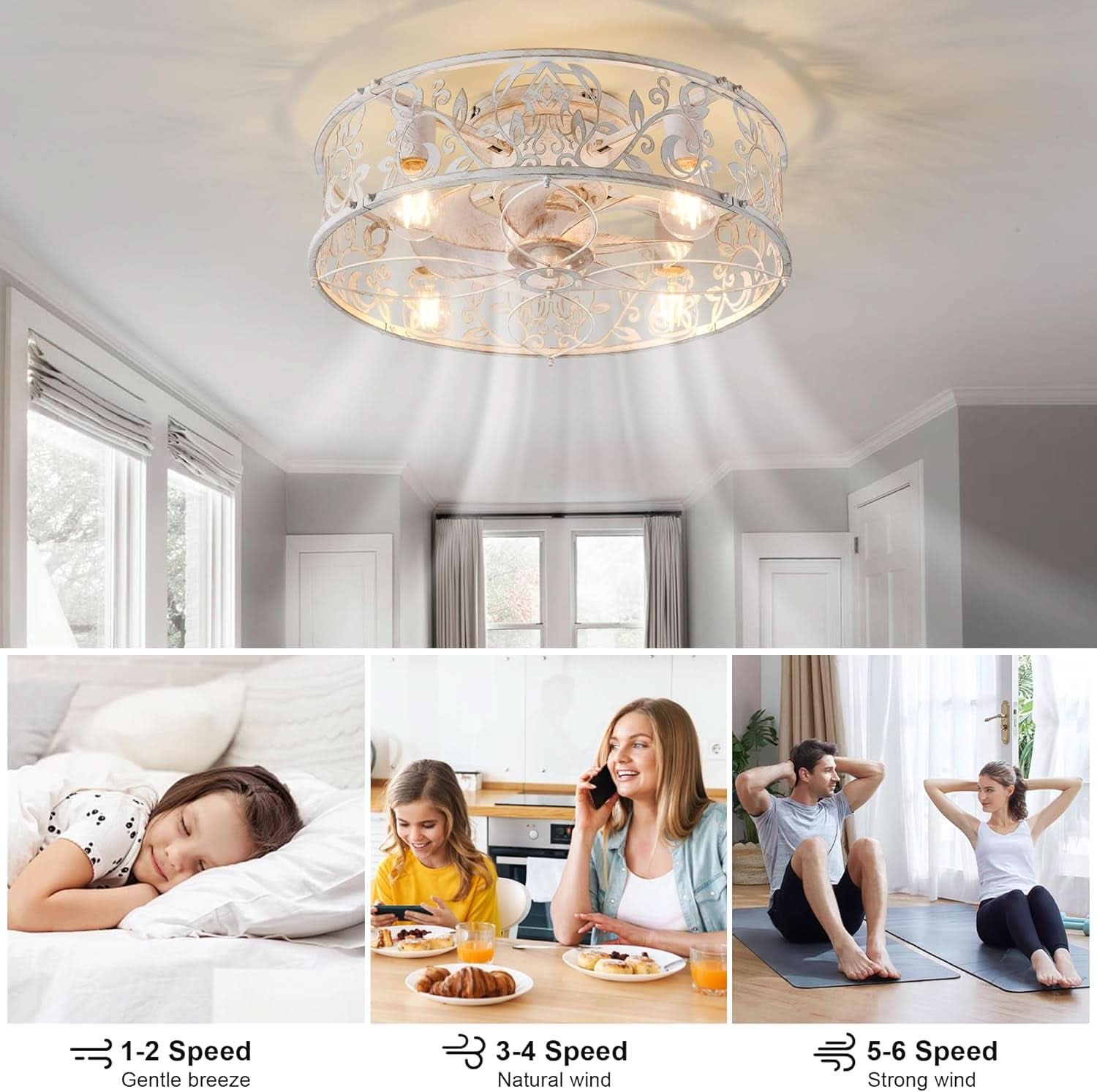 20 Inch Caged Ceiling Fan With Light White Gold Remote
