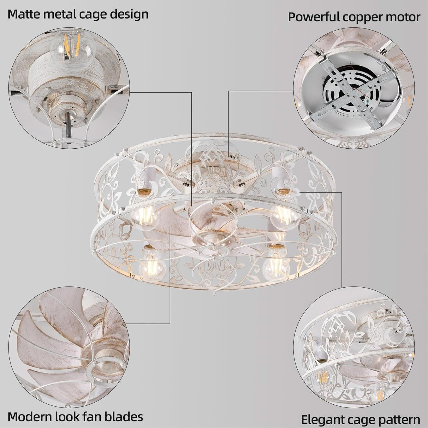 20 Inch Caged Ceiling Fan With Light White Gold Remote